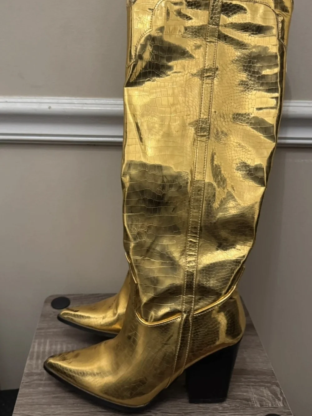 💕EGO Metallic Gold Croc-Embossed Knee Boots💕